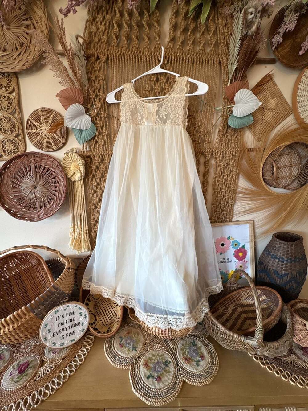 Vintage Vanity Fair Cream Tricot Nylon Lace Bodice Nightgown